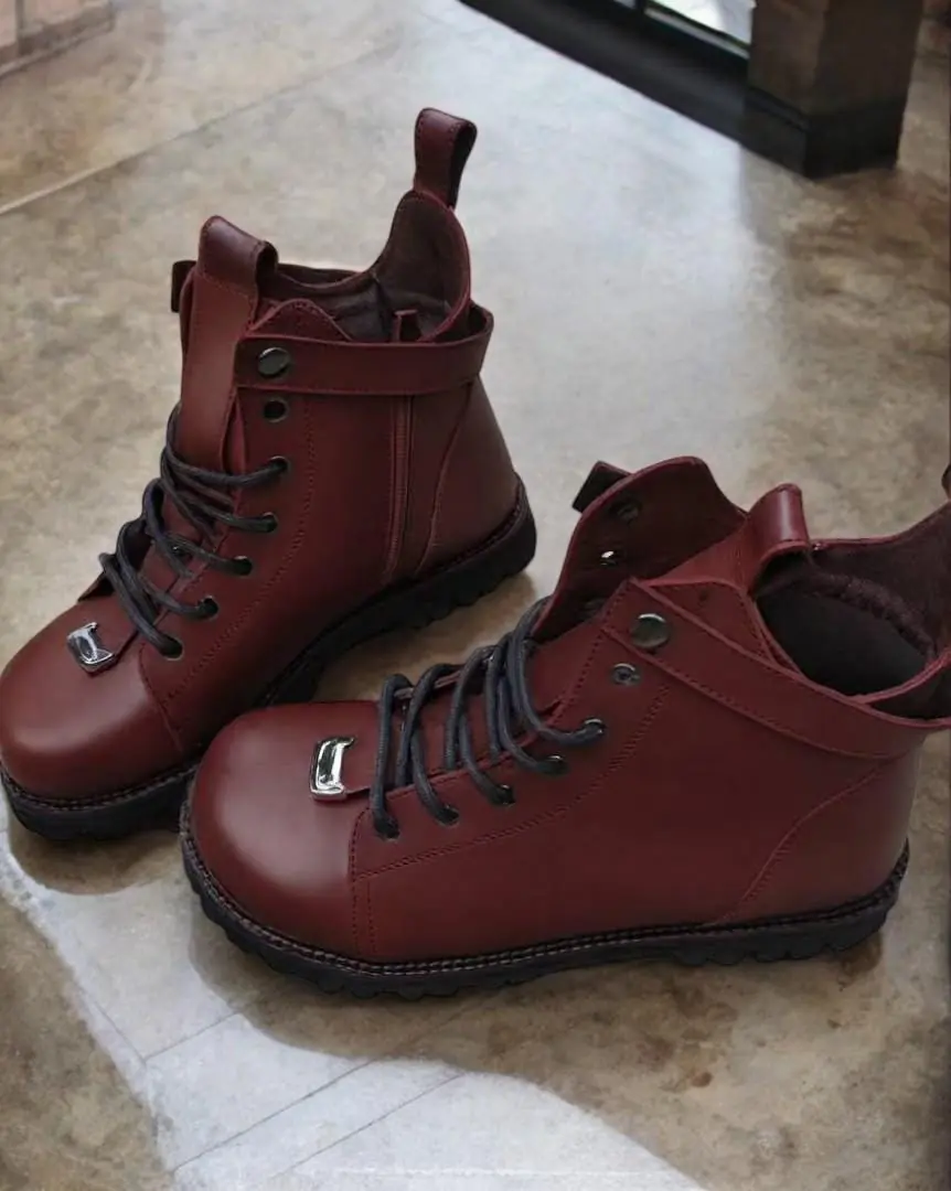 Black Leather Combat Boots For Women Handmade Winter