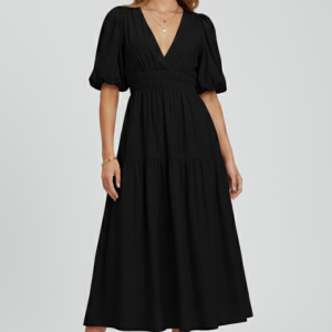 Women’s Midi Dress With V-neckline And Puff Sleeves