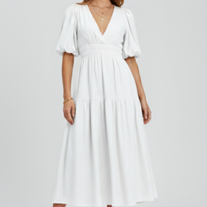 Women’s Midi Dress With V-neckline And Puff Sleeves