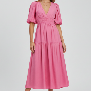 Women’s Midi Dress With V-neckline And Puff Sleeves