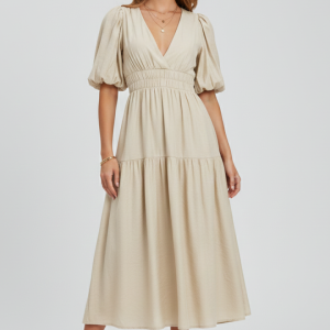 Women’s Midi Dress With V-neckline And Puff Sleeves