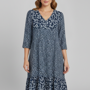 Women’s Midi Dress With V-neckline And Smocked Waist