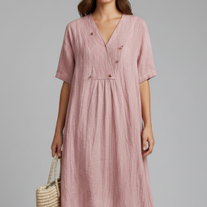 Women’s Midi Dress With V Neck And Short Sleeves