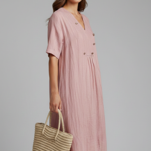 Women’s Midi Dress With V Neck And Short Sleeves