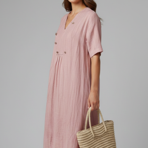 Women’s Midi Dress With V Neck And Short Sleeves
