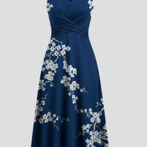 Women’s Midi Dress With V Neck And Sleeveless Cut