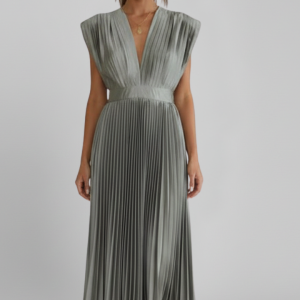 Women’s Midi Dress With V Neckline And Pleated Skirt