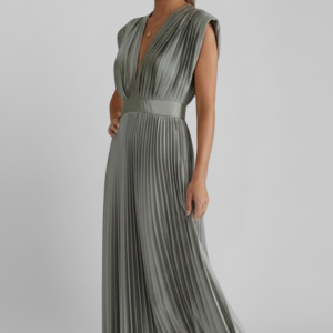 Women’s Midi Dress With V Neckline And Pleated Skirt