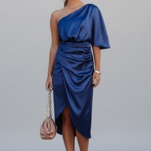 Women’s One Shoulder Midi Dress With Draped Waist