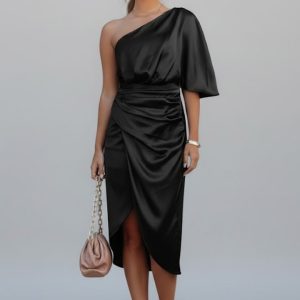 Women’s One Shoulder Midi Dress With Draped Waist