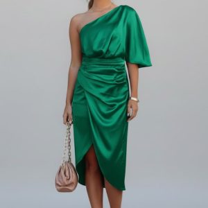 Women’s One Shoulder Midi Dress With Draped Waist