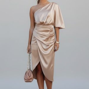 Women’s One Shoulder Midi Dress With Draped Waist
