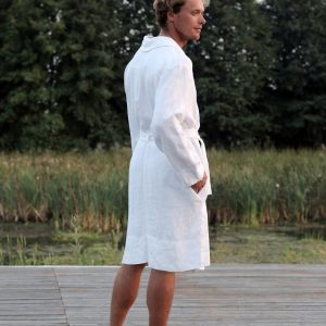 Mens White Linen Bathrobe Juniper Men's Natural Loungewear