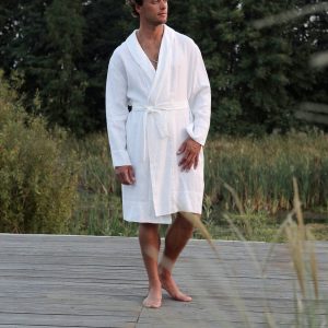 Mens White Linen Bathrobe Juniper Men's Natural Loungewear