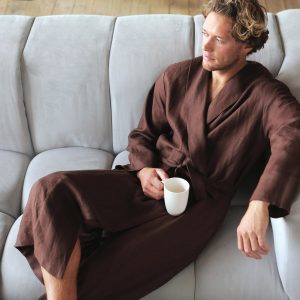 Linen Robe For Men Natural Loungewear Brown Dressing