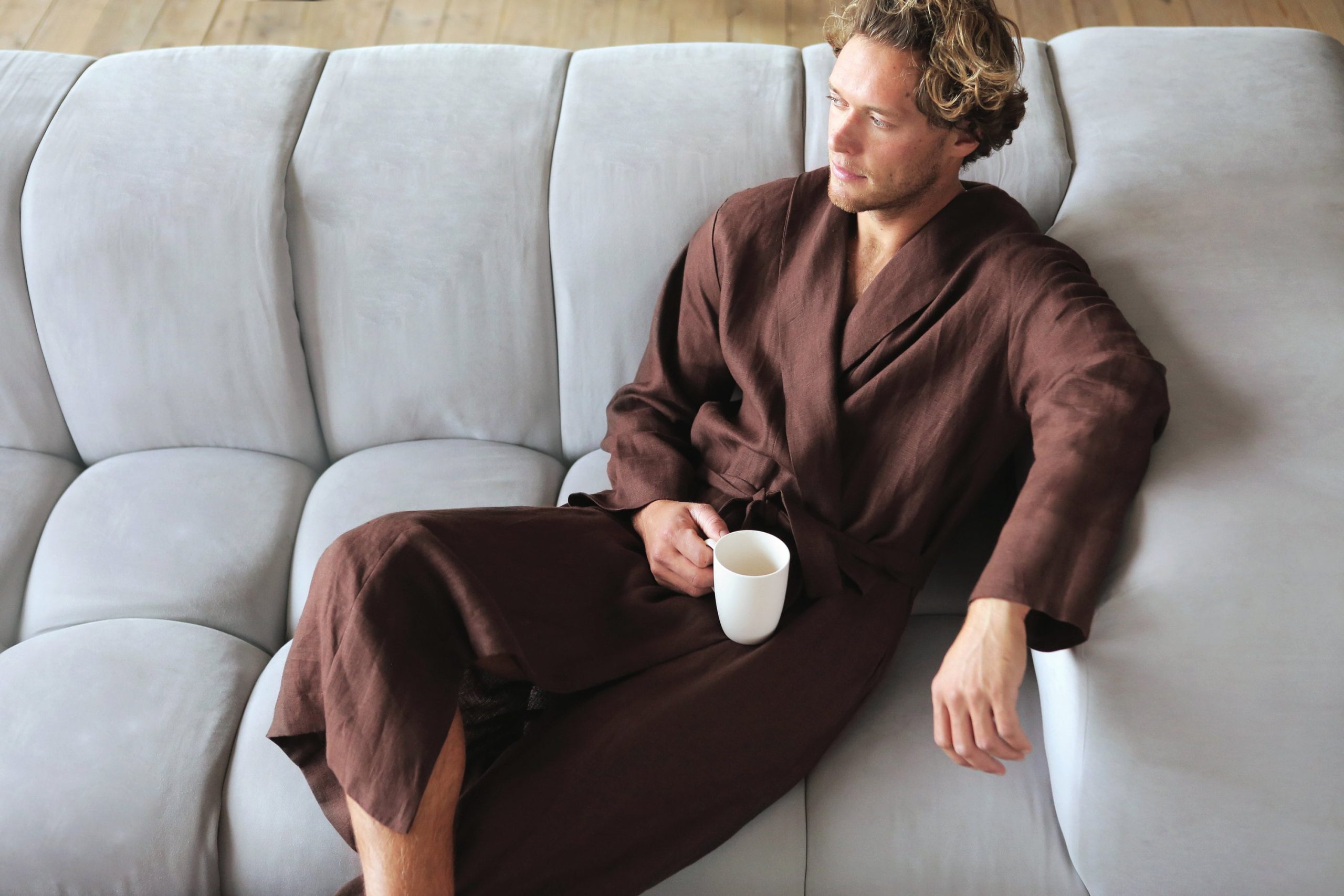 Linen Robe For Men Natural Loungewear Brown Dressing