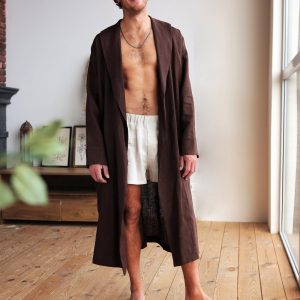 Linen Robe For Men Natural Loungewear Brown Dressing