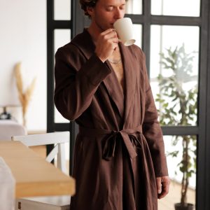 Linen Robe For Men Natural Loungewear Brown Dressing