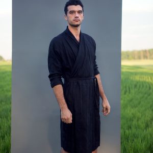 Mens Linen House Robe Juniper In Black Natural
