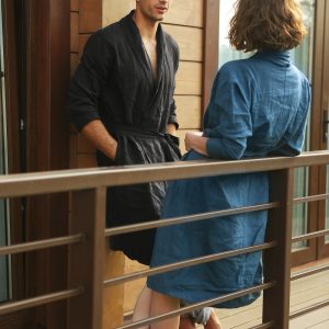 Mens Linen House Robe Juniper In Black Natural