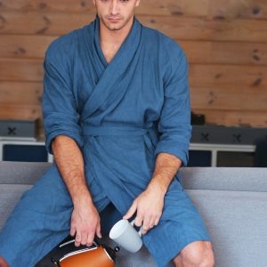 Men's Linen Bathrobe Juniper In Navy Blue Natural