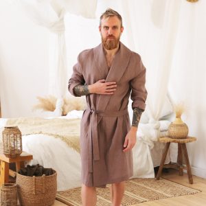 Mens Linen House Robe Juniper In Latte Natural