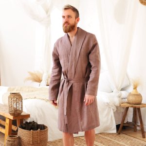 Mens Linen House Robe Juniper In Latte Natural
