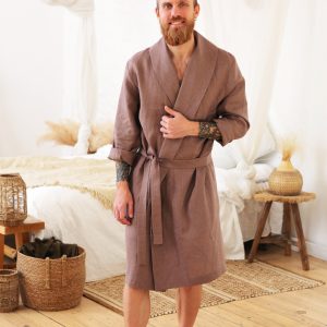 Mens Linen House Robe Juniper In Latte Natural