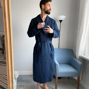 Linen Robe For Men Natural Loungewear Dark Blue