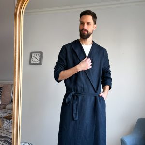 Linen Robe For Men Natural Loungewear Dark Blue