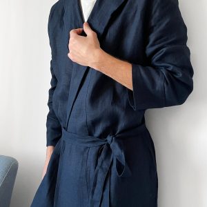 Linen Robe For Men Natural Loungewear Dark Blue