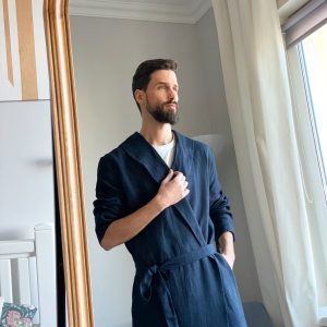 Linen Robe For Men Natural Loungewear Dark Blue