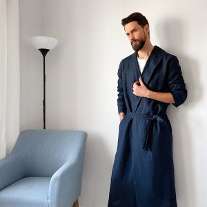 Linen Robe For Men Natural Loungewear Dark Blue