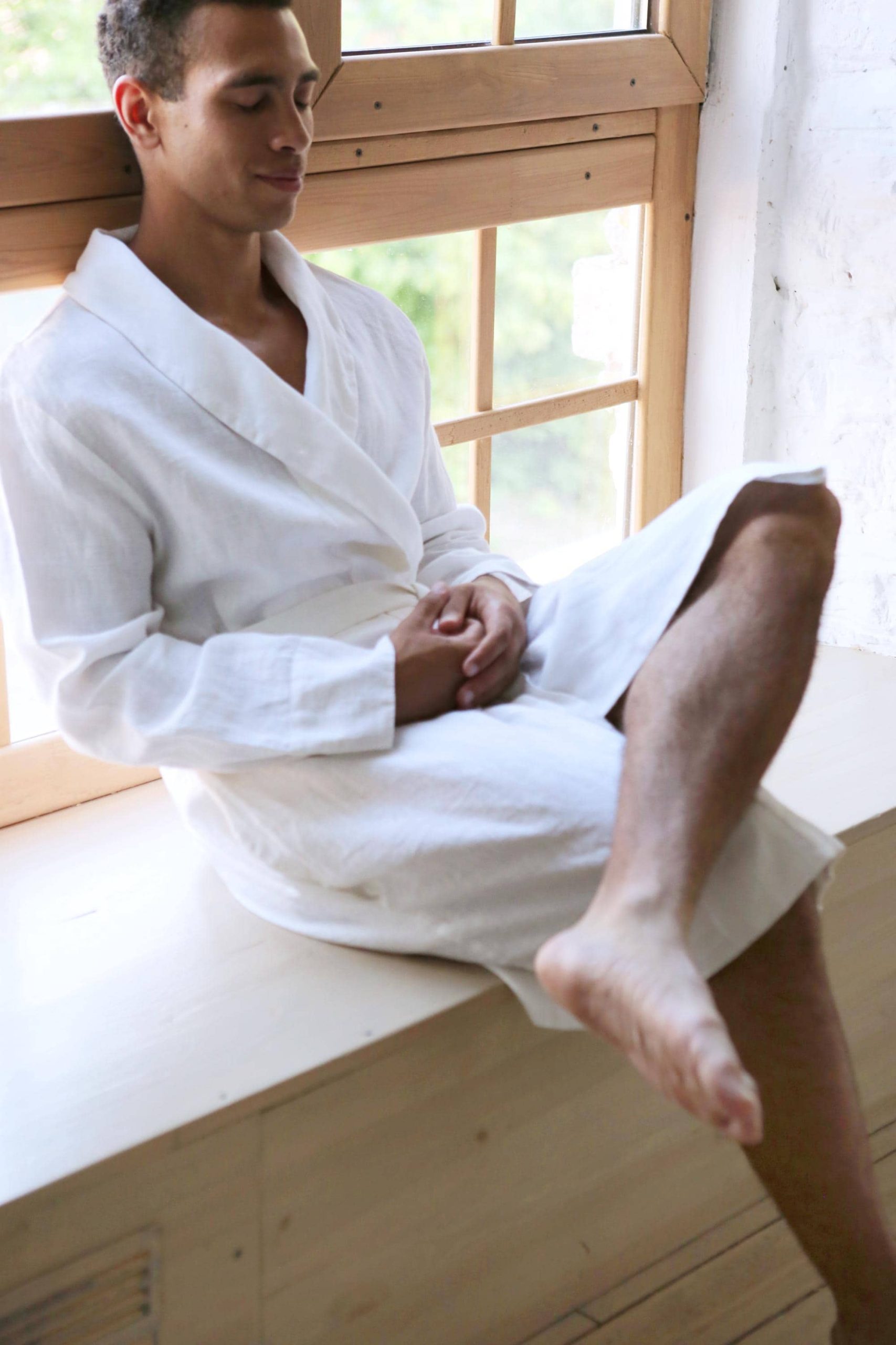 Mens White Linen Bathrobe Juniper Men's Natural Loungewear