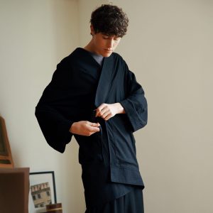 Black Oversized Haori Kimono Robe Unisex Linen Blend