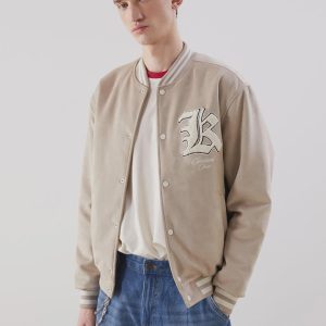 Men's Suede Bomber Jacket: College Style Lined Interior