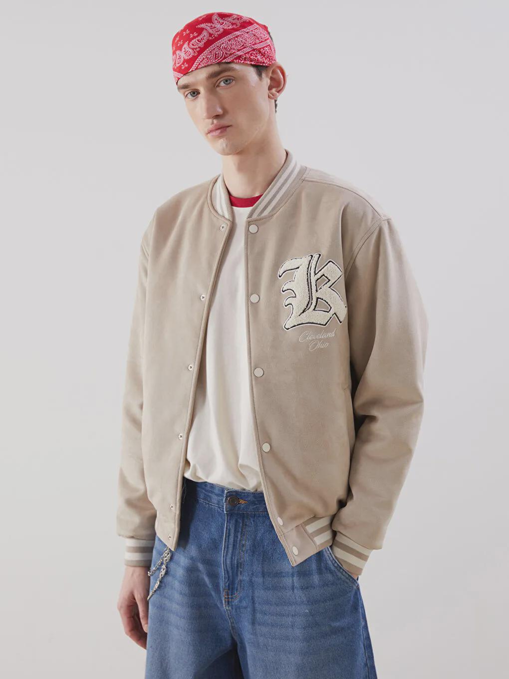 Men's Suede Bomber Jacket: College Style Lined Interior